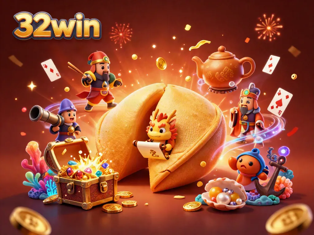 Experience exciting adventures at 32win with captivating casino elements, vibrant colors, and animated characters.