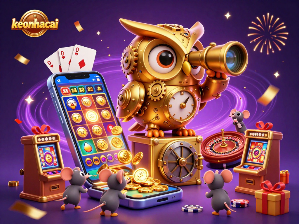 Engage with keonhacai in a vibrant casino scene featuring a golden owl and dynamic game elements.