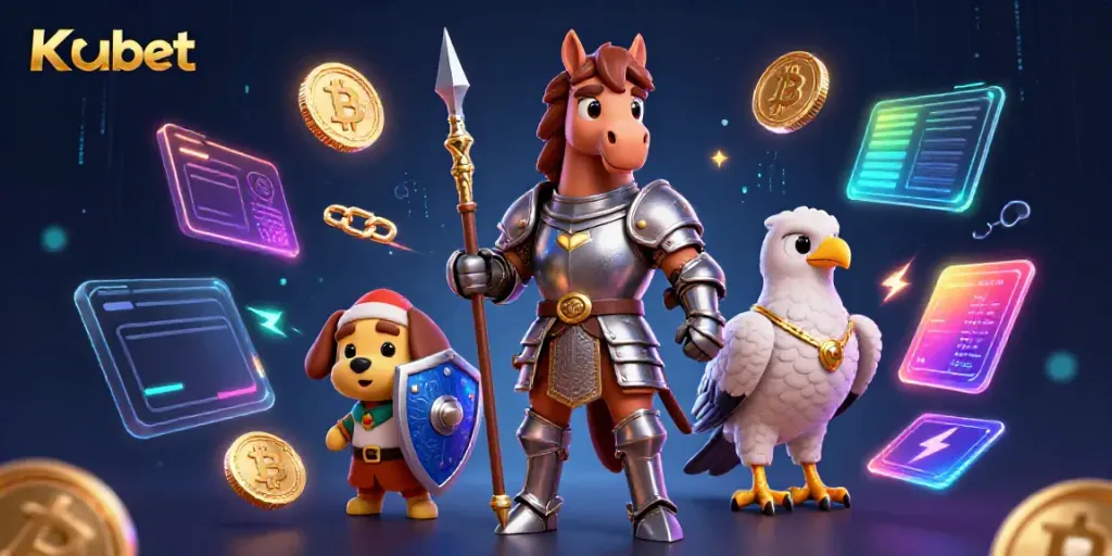 Kubet action scene featuring a knight and a puppy amidst vibrant crypto coins and casino elements