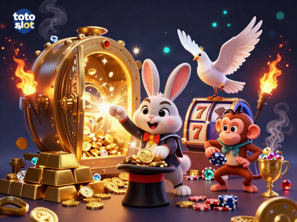 Experience the magic of toto slot with a cartoon rabbit, dove, and monkey surrounded by casino treasures.