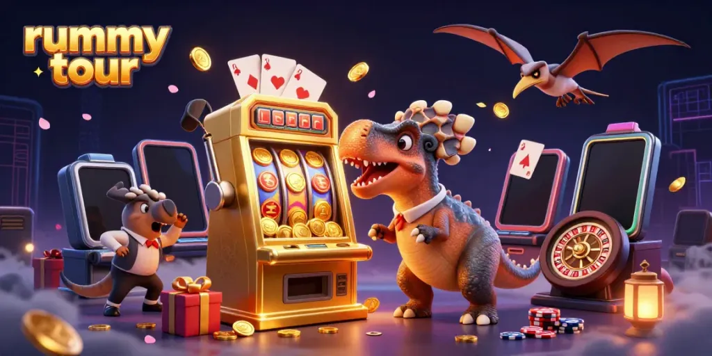 Permainan rummy tour dengan slot mesin jackpot menarik koin emas dan karakter kartun ceria