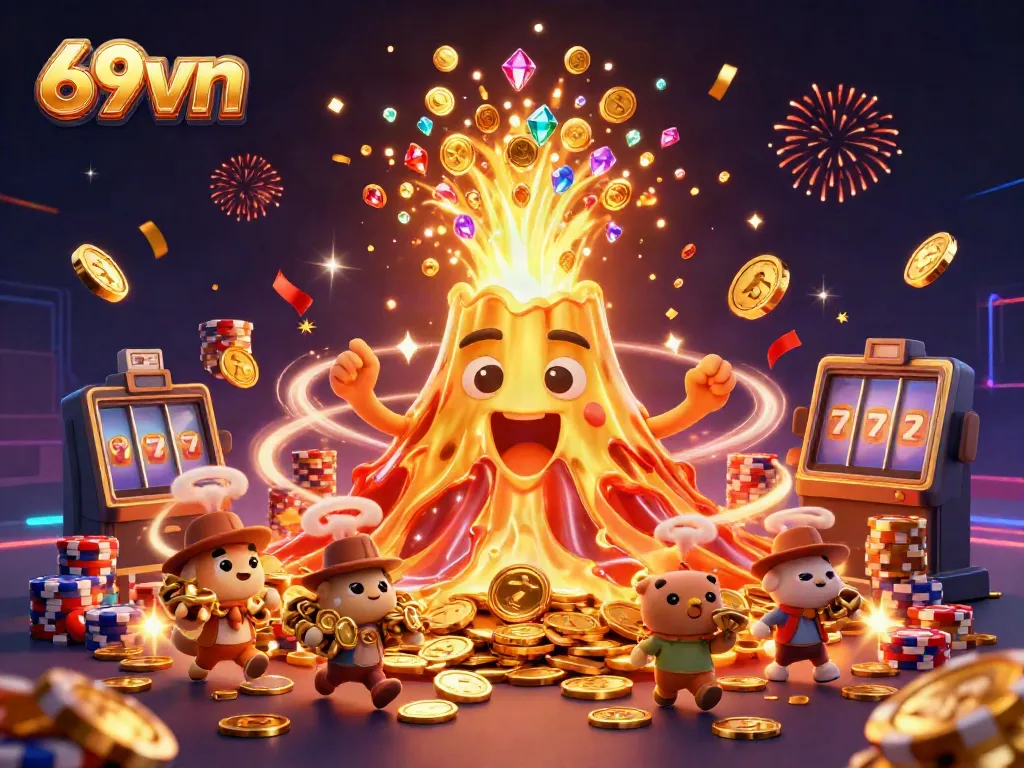 Experience thrilling wins at 69vn with a vibrant scene of erupting treasures and excited explorers.