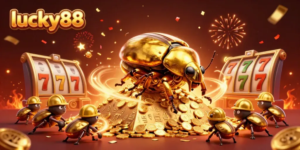 Experience thrilling wins with lucky88 in an enchanting casino scene full of golden treasures and festive elements.