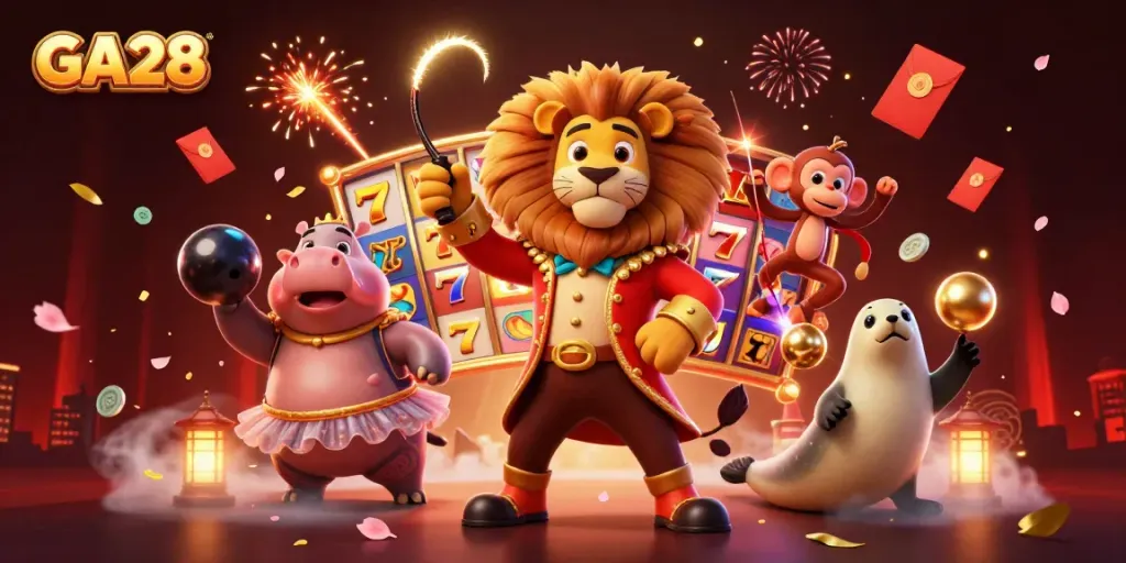 Engage in thrilling slot games at GA28 with a vibrant scene of cartoon characters surrounded by lucky symbols.