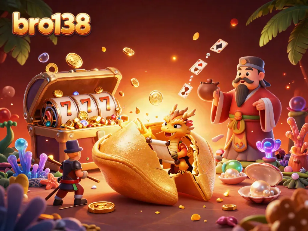 Engage with bro138's vibrant casino scene featuring golden fortune, dragon, and dynamic slot elements.