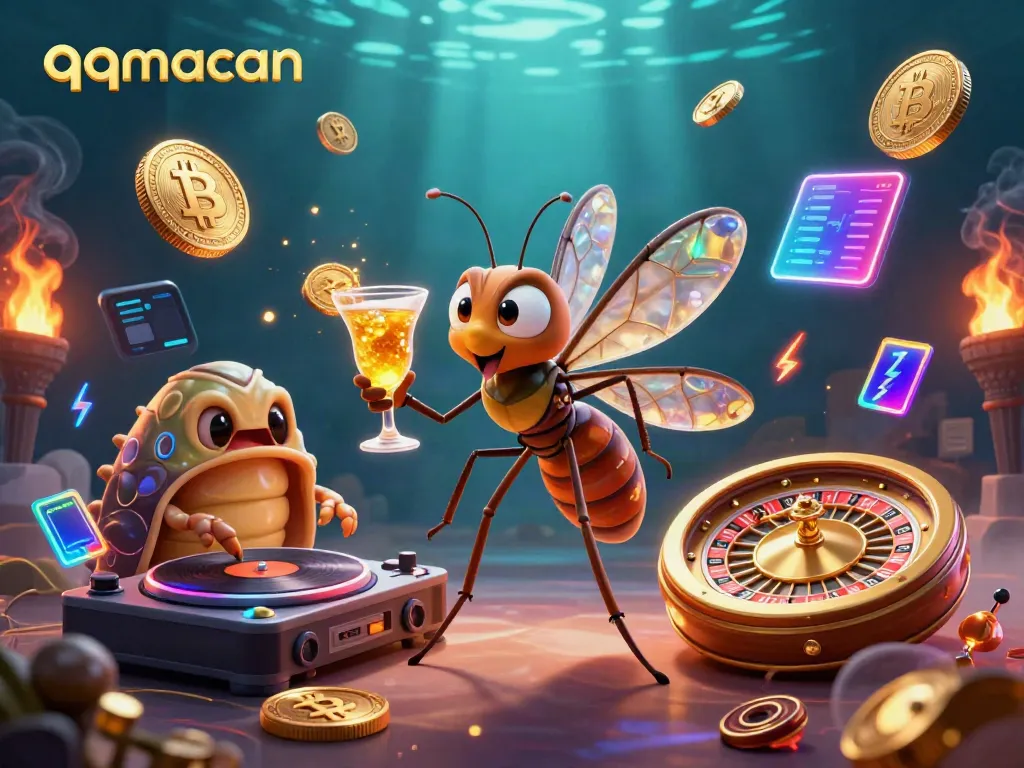 Experience the exciting world of qqmacan with a lively casino scene featuring a unique frozen-in-amber mosquito mascot.