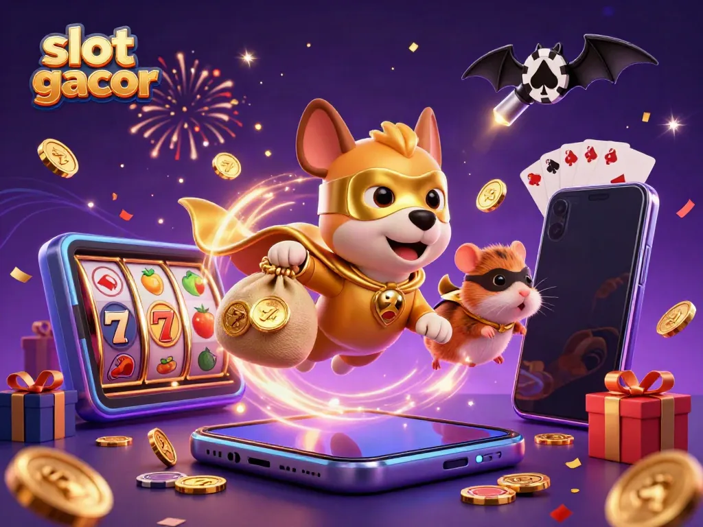 Experience the thrills of slot gacor action with a dynamic cartoon scene featuring a superhero dog.