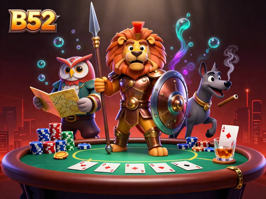B52 players engage with poker elements in a vibrant 3D casino scene showcasing excitement.