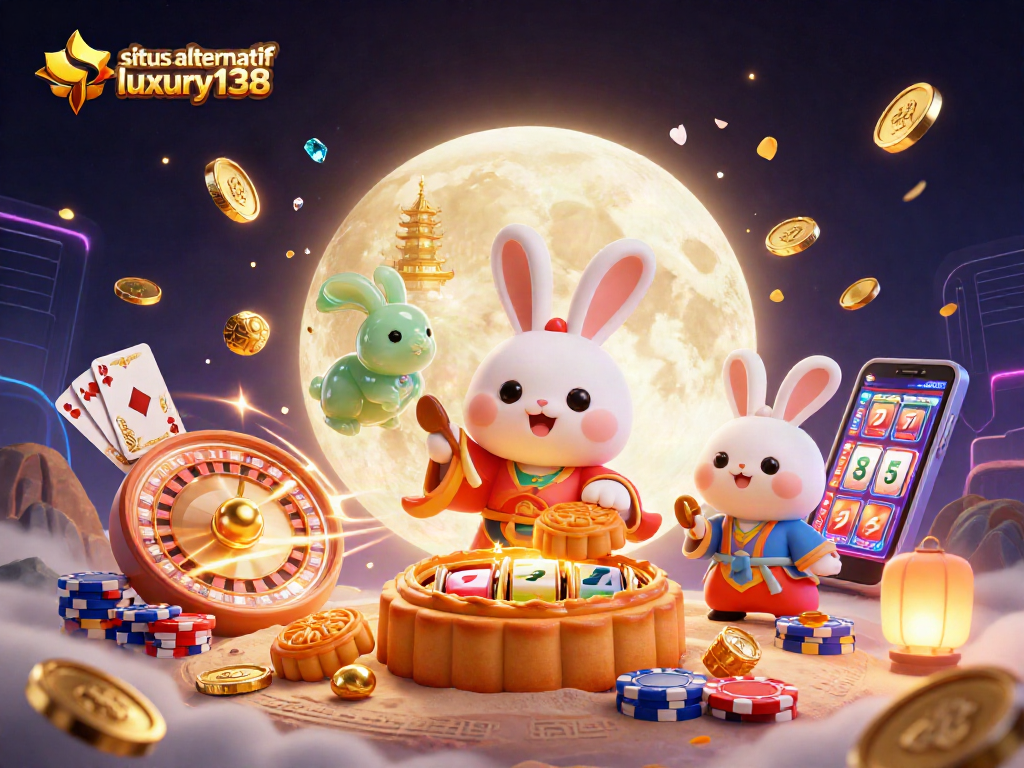 Situs alternatif luxury138 menampilkan kelinci bulan kuno bermain di mesin slot emas di luar angkasa.