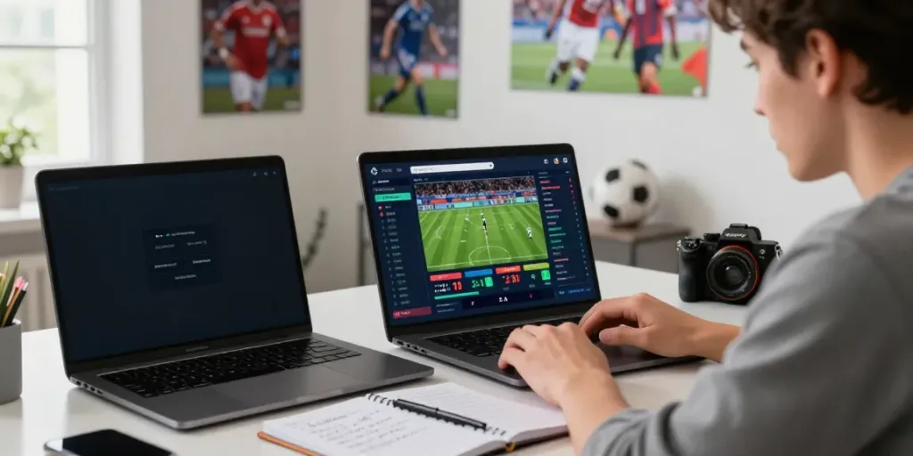 WWBOLA dynamic betting scene with user analyzing statistics and odds in a modern home office setting.