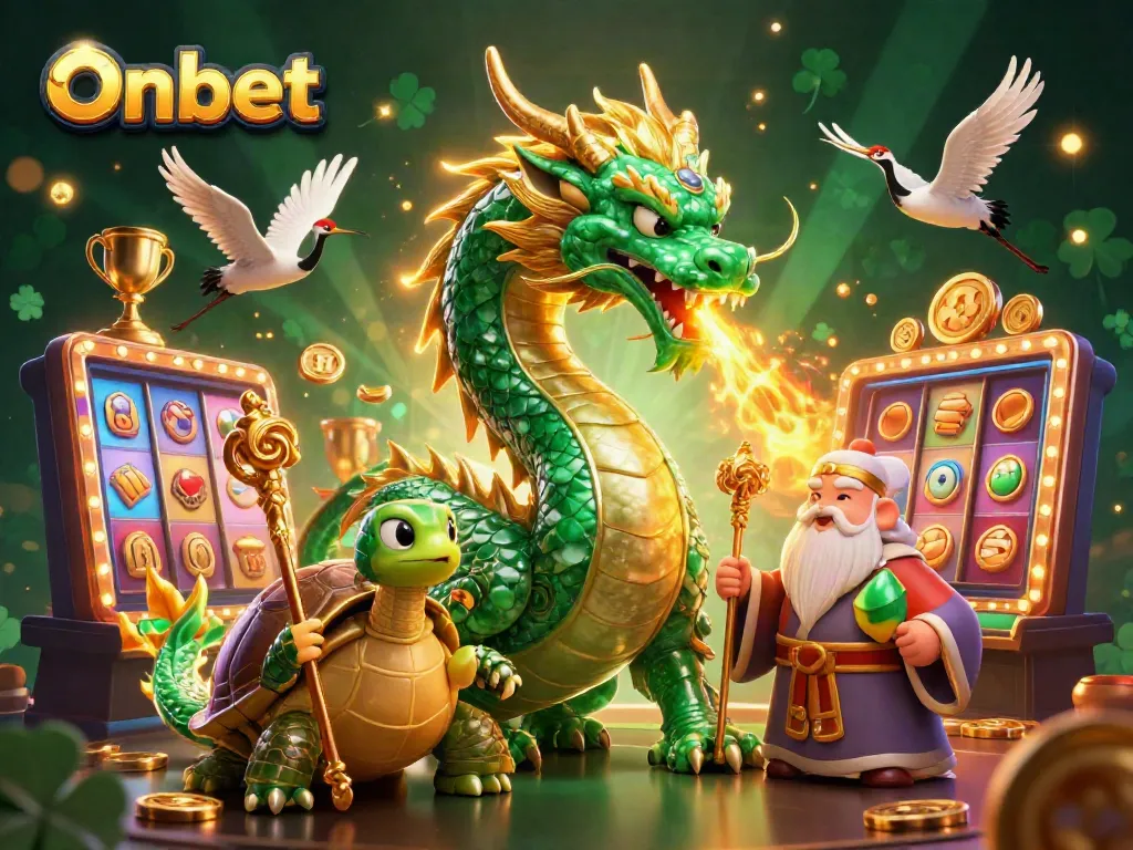 Experience thrilling wins at Onbet with a dragon, turtle sage, and lucky cranes in this vibrant casino illustration.