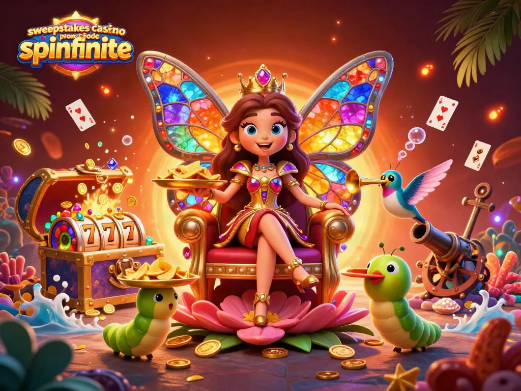 Engage with the excitement of winning at Spinfinite with this vibrant illustration featuring a butterfly queen and thrilling casino elements.