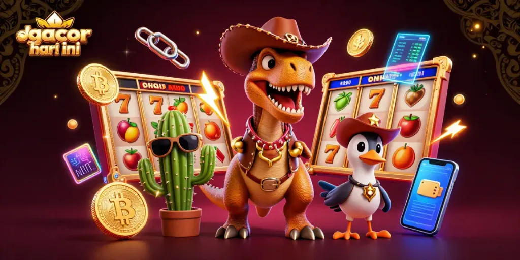 Spin and win with slot gacor hari ini, featuring a dynamic dinosaur character in a vibrant casino environment.