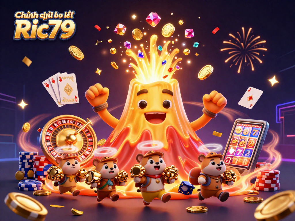 Engaging scene of Chính sách bảo mật Ric79 showcasing a triumphant volcano erupting coins and gems with thrilling casino elements.