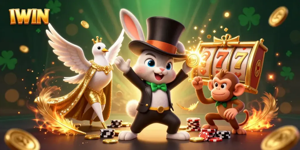IWIN players enjoy a lively casino scene with a magician rabbit, dove, and monkey amid gold coins and slot symbols.