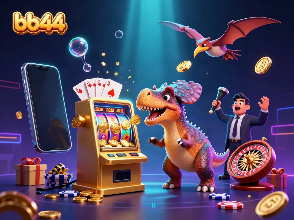 bb44 theme illustration featuring a dinosaur at a golden slot machine, catching flying coins in a vibrant casino.