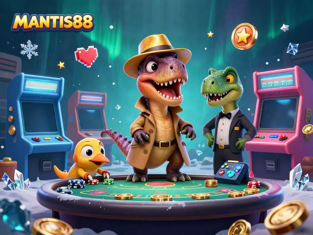 Experience MANTIS88's thrilling games with a cartoon velociraptor at the blackjack table.