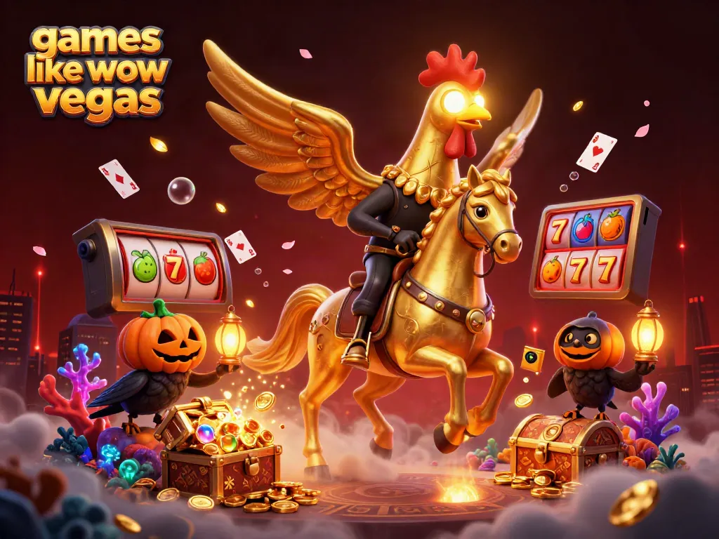 Experience games like wow vegas with dynamic 3D casino action featuring golden rooster characters and vibrant gaming elements.
