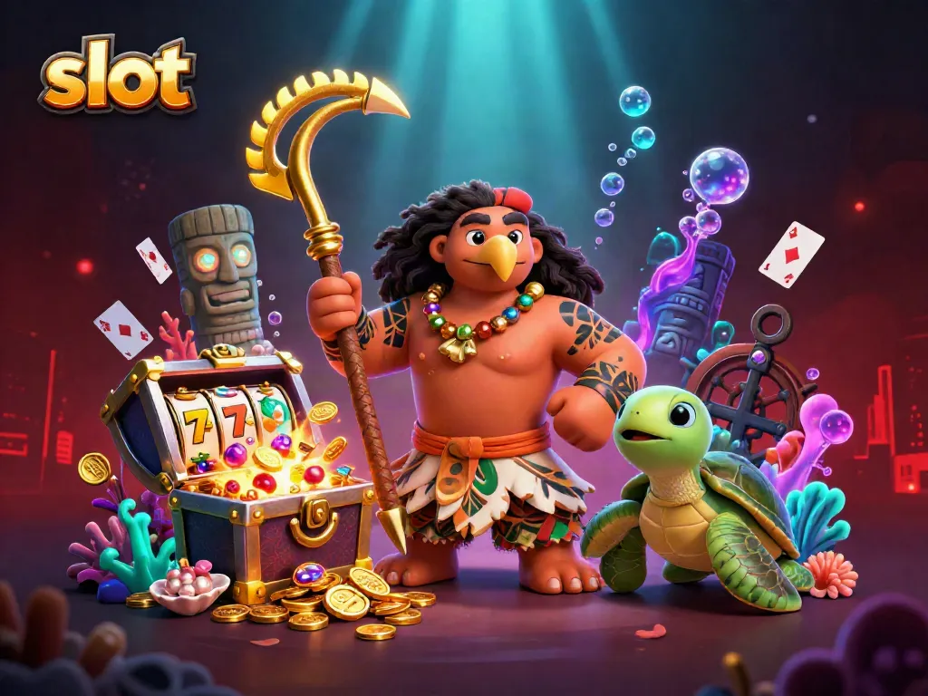 Slot bertema kasino dalam ilustrasi 3D, dengan simbol buah dan jackpot yang mengelilingi karakter utama.