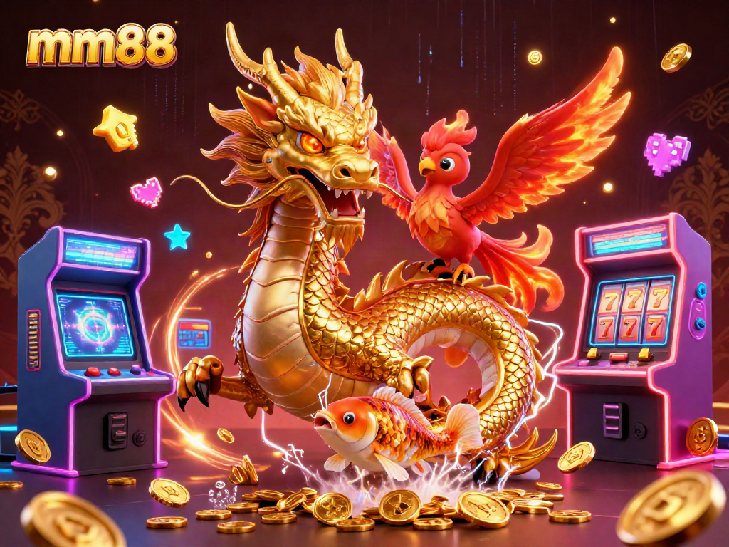 Engage with mm88's thrilling slots scene featuring a golden dragon and vibrant casino elements.