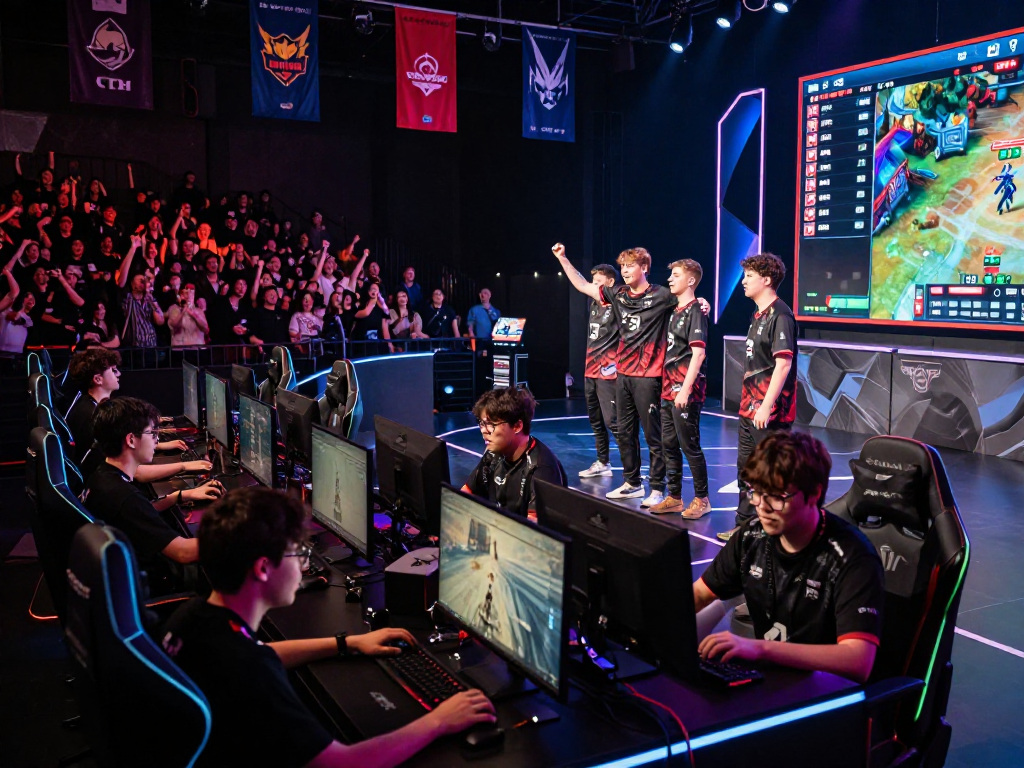 Kompetisi esports di arena mengesankan dengan gamer bos88 dan penonton yang antusias.