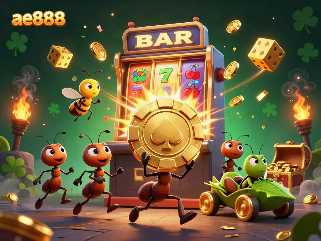 Experience the excitement of ae888 with a heist scene featuring ants, gold poker chips, and dynamic slots.