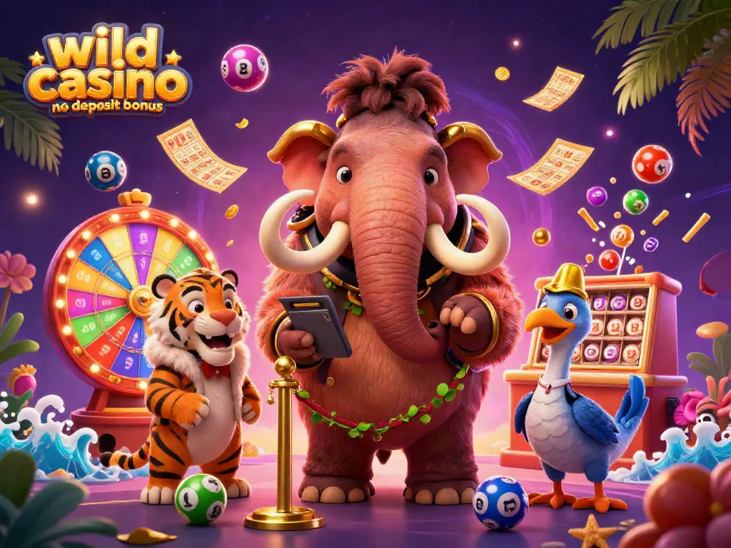 Activate the wild casino no deposit bonus with a vibrant 3D illustration showing a mammoth bouncer, saber-tooth VIP guest, and lively casino elements.