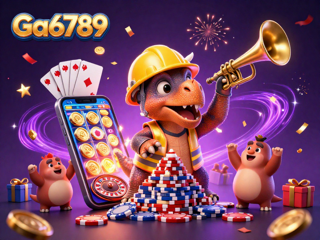 Ga6789 celebrates with a cheerful scene featuring a triceratops and parasaurolophus playing casino games.