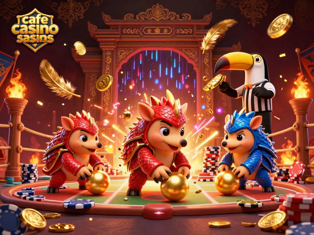 Rival pangolins bowling through poker chips at cafe casino sister casinos event.