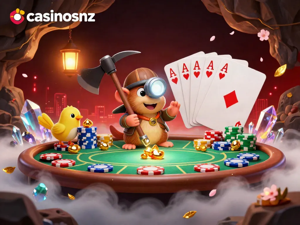 Experience the excitement of casinosnz with a dynamic 3D treasure hunter scene filled with poker elements.