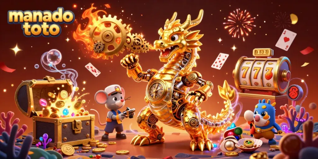 Experience thrilling gameplay with manado toto, showcasing a golden dragon amidst slots, gems, and coins.