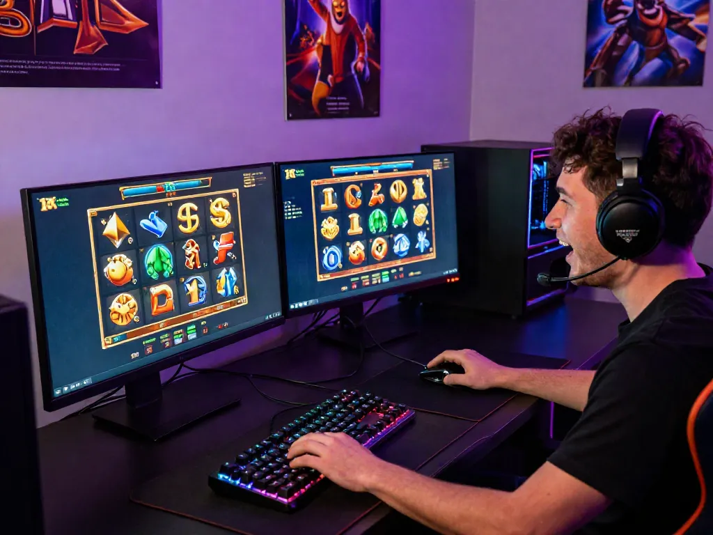 Player immersed in a slot game with exciting graphics and gaming accessories