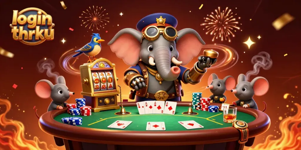 Spin to win with login thrku's vibrant casino adventure featuring a steampunk elephant and lively game elements.