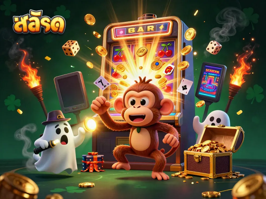 Pull golden coins and cards from the slot machine's explosion in a lively casino scene featuring สล็อต.