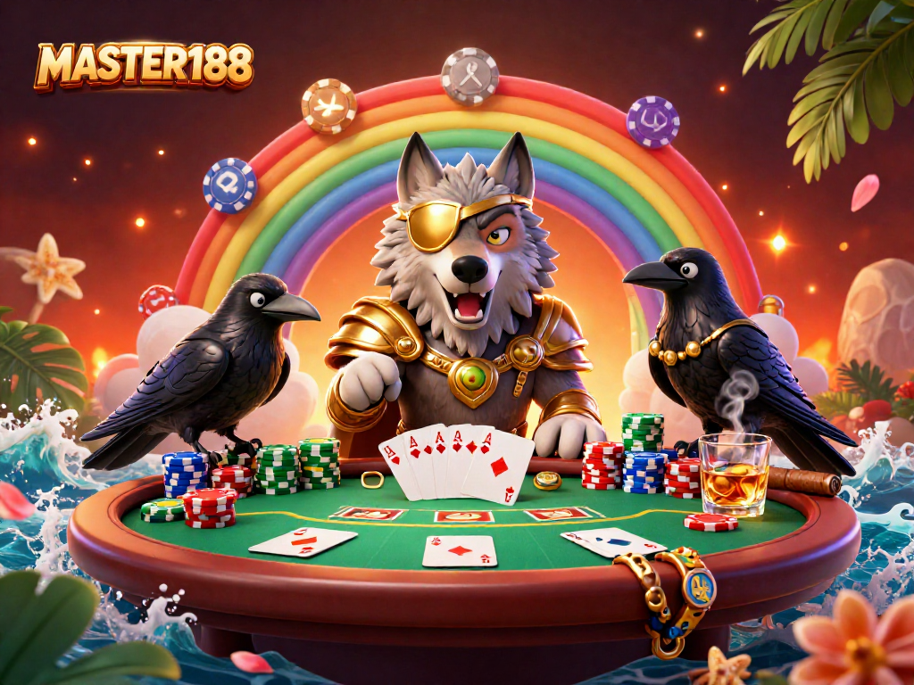Engage with the thrilling atmosphere of MASTER188 featuring Odin and ravens surrounded by vibrant casino elements.