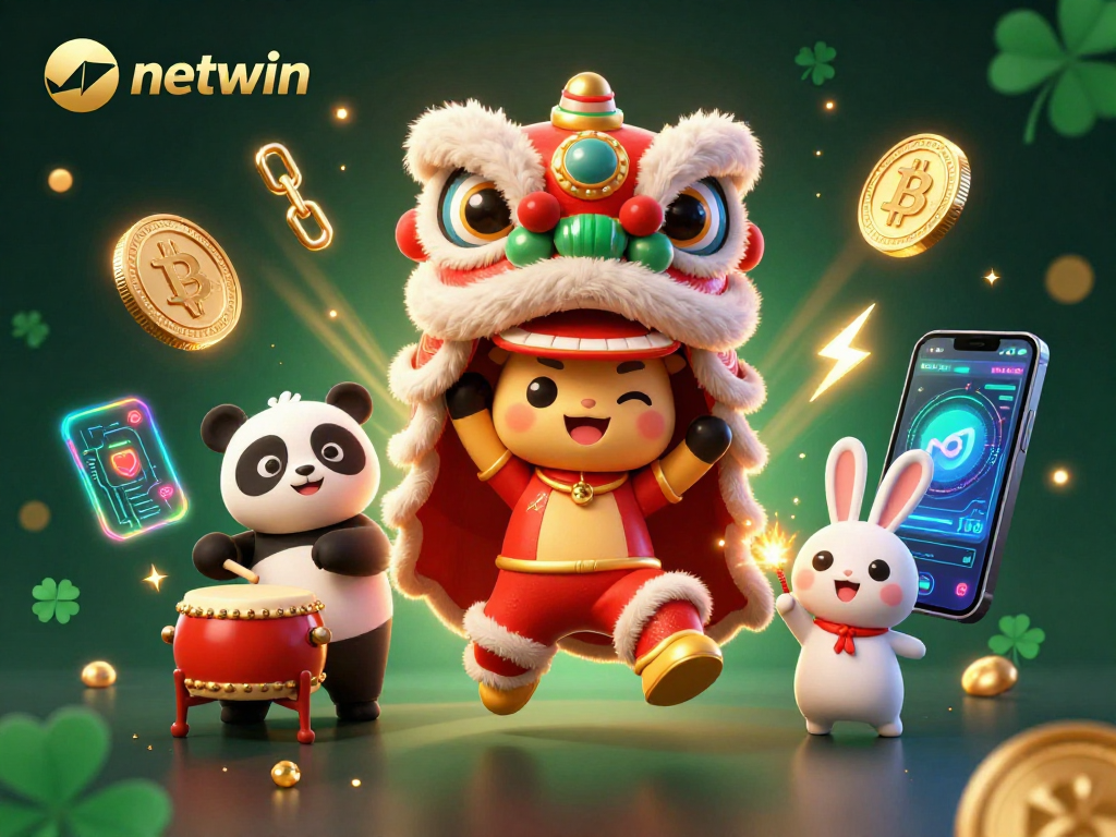 Engage in gaming excitement with netwin's vibrant 3D illustration, featuring animated characters and crypto elements.