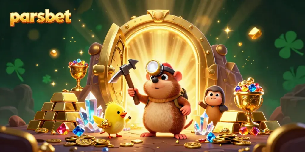 Parsbet ile dolu bir madenin 3D illüstrasyonu, maden avcısı ve canary altın nugget taşıyor.
