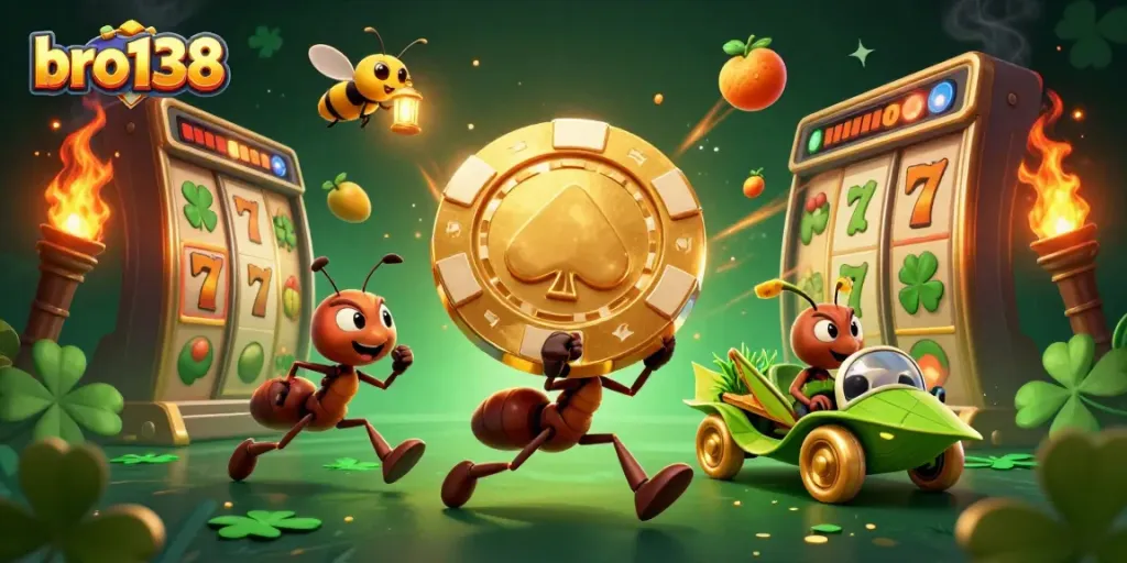 Experience bro138 with ants transporting a giant poker chip amidst dynamic slot game elements.