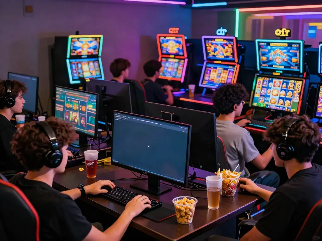 Exciting slot gacor gameplay featuring diverse players immersed in a colorful online gaming environment.
