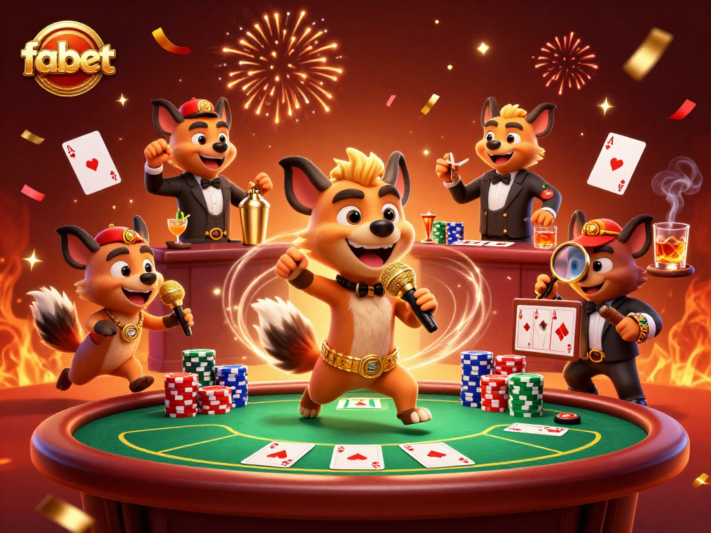 Engaging fabet casino scene with hyenas performing comedy, serving drinks, and ensuring safety.