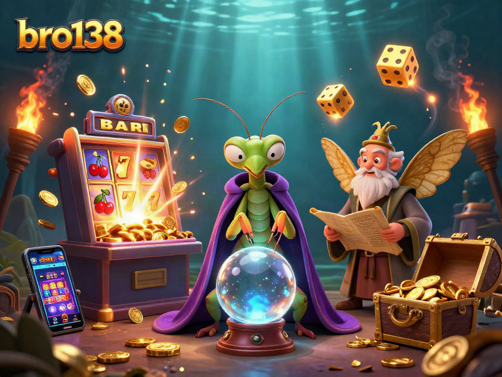 Spin to win with bro138's colorful casino game lobby and playful fortune teller character.