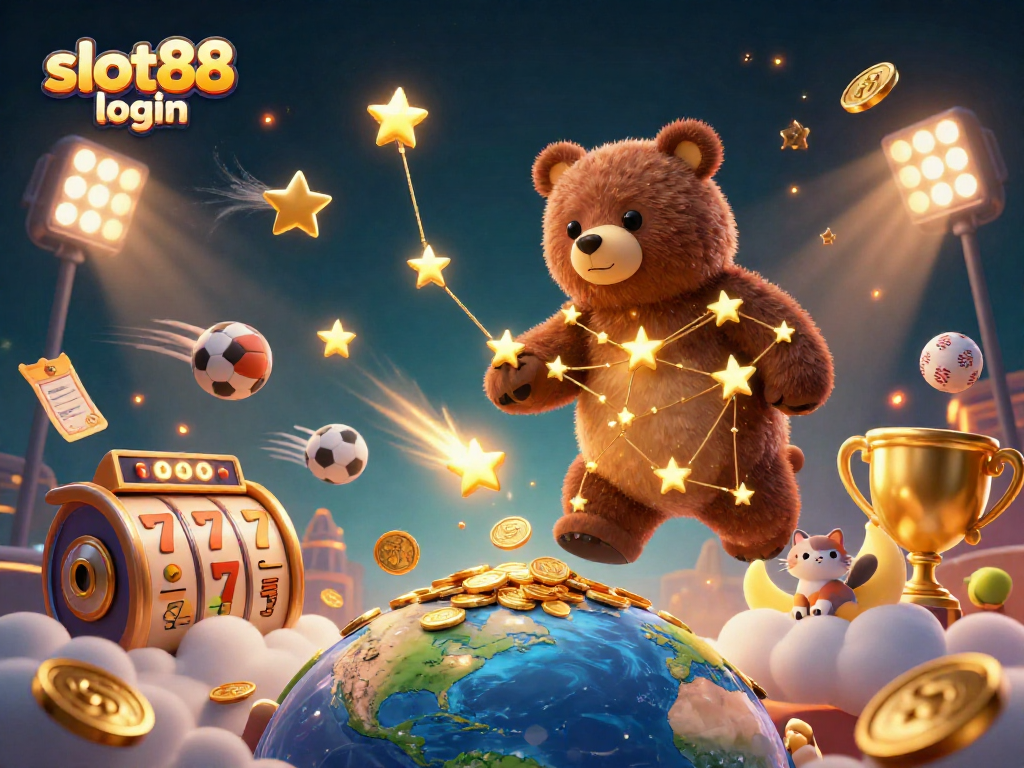 Experience winning at slot88 login in a vibrant scene featuring coins, game elements, and joyful characters.
