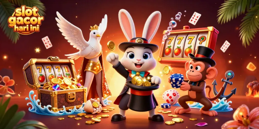 Elemen slot gacor hari ini tampak dalam ilustrasi 3D magis dengan karakter kartun meriah.