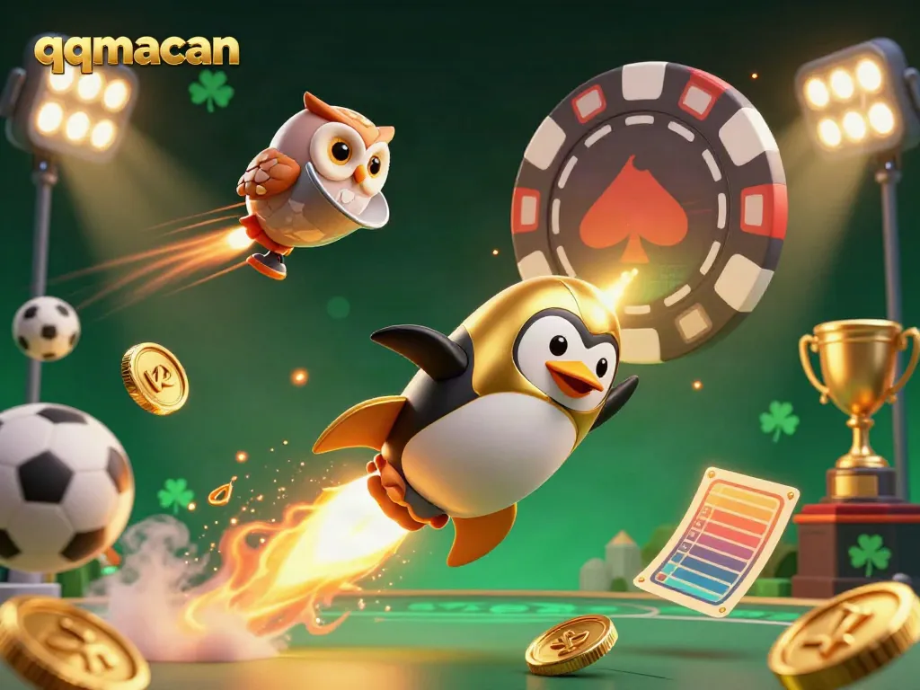 Experience the thrill of qqmacan as a golden penguin rockets through space towards a poker chip casino, surrounded by sports elements.