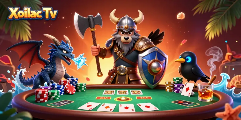 Experience the excitement of Xoilac Tv with a vibrant poker scene featuring dynamic characters and lavish game elements.