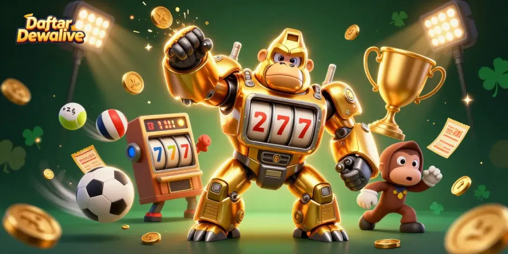 Engage with Daftar Dewalive's thrilling e-gaming experience featuring dynamic sports elements and a golden gorilla mech.