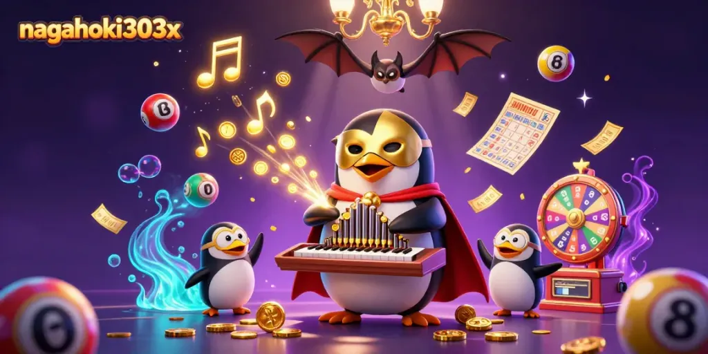 Permainan slot menarik di nagahoki303x dengan penguin opera dan efek koin emas yang menyenangkan.