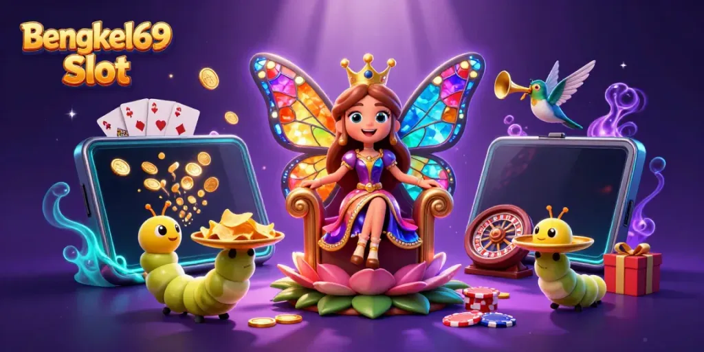 Engage in thrilling spins with Bengkel69 Slot, showcasing vibrant slot game elements and enchanting characters.