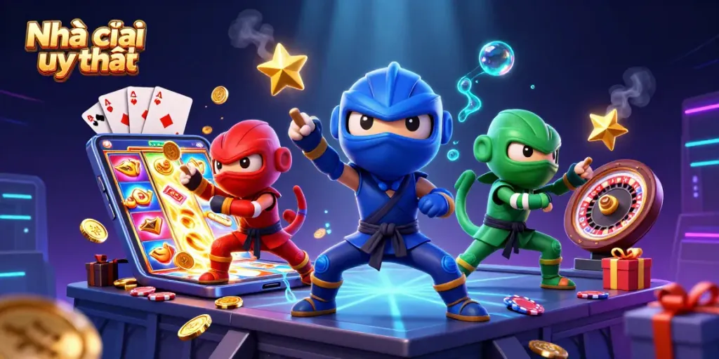 Engage with Nhà cái uy tín through vibrant 3D scene featuring chameleon ninjas and dynamic slot games.