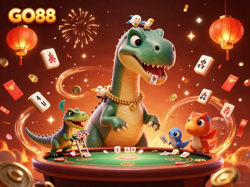 Engage with GO88's thrilling casino atmosphere amidst vibrant, celebrating characters and elements.